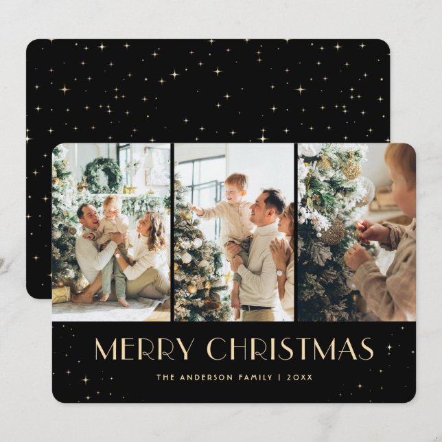 Elegant Black Starry Night Photo Christmas Card (Front/Back)