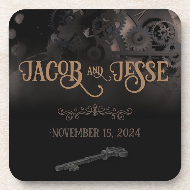 Elegant Black Steampunk Wedding Beverage Coaster (Front)