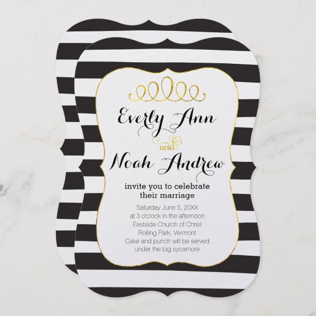 Elegant Black Stripe Faux Gold Elements Wedding Invitation (Front/Back)