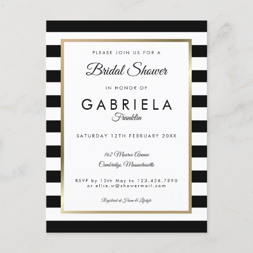 Elegant Black Stripe Gold Bridal Shower Invitation Postcard