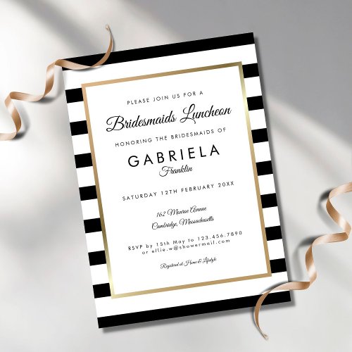 Elegant Black Stripe Gold Bridesmaids Luncheon Invitation