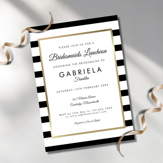 Elegant Black Stripe Gold Bridesmaids Luncheon Invitation