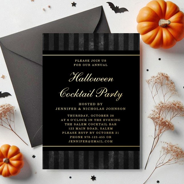 Elegant Black Stripe Halloween Cocktail Party Gold Foil Invitation (Elegant Black Stripe Halloween Cocktail Party Gold Foil Invitation)