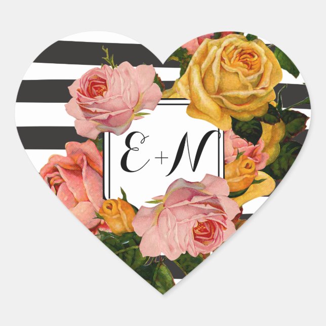 Elegant Black Stripe Heirloom Roses Wedding Heart Sticker (Front)