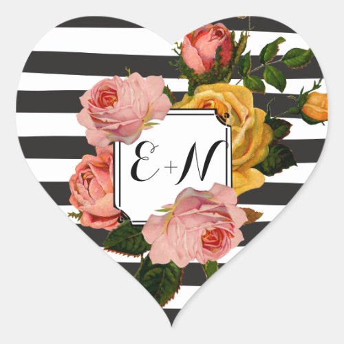 Elegant Black Stripe Heirloom Roses Wedding Heart Sticker