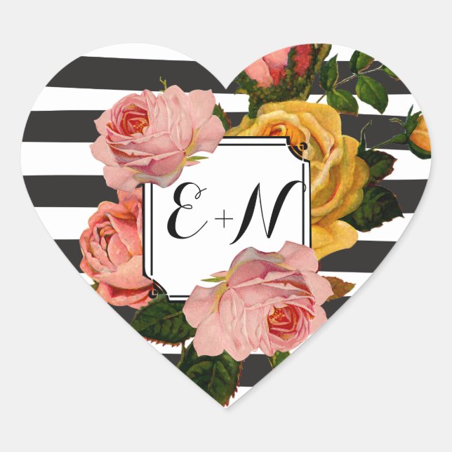 Elegant Black Stripe Heirloom Roses Wedding Heart Sticker (Front)