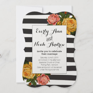 Elegant Black Stripe Heirloom Roses Wedding Invitation