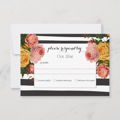 Elegant Black Stripe Heirloom Roses Wedding RSVP