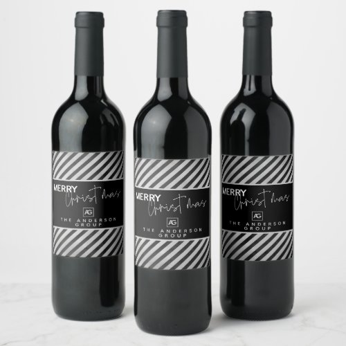 Elegant Black Stripe Merry Christmas Business Logo Wine Label