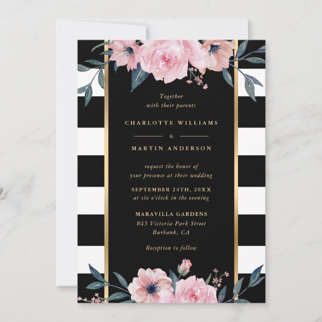 Elegant Black Stripe Pink Floral Wedding Invitation (Front)