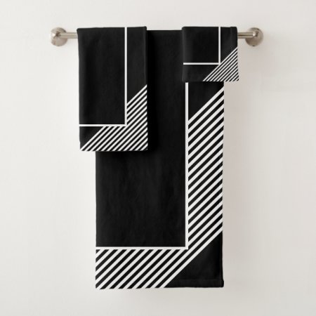Elegant Black Stripe White Geometrical Bath Towel Set