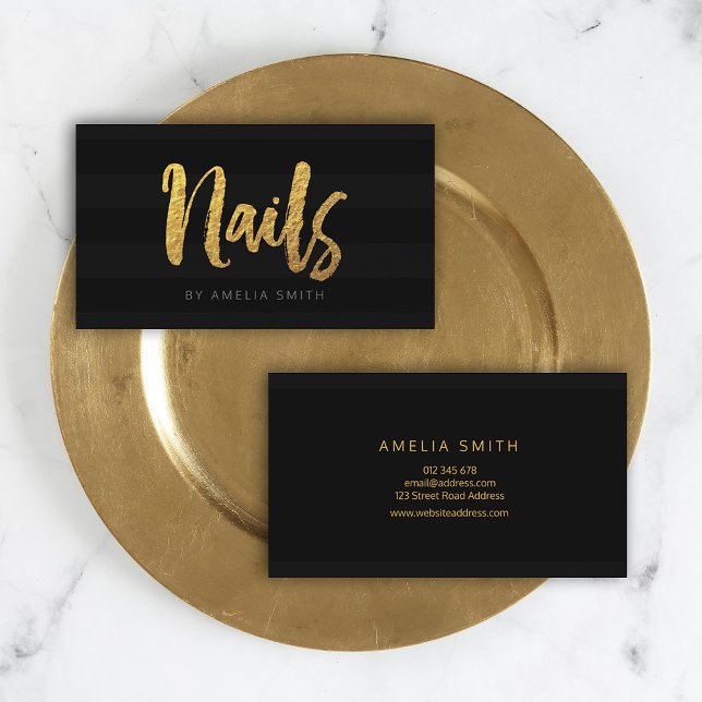 Elegant Black Stripes Brush Script Nails Business Card (Creator Uploaded)