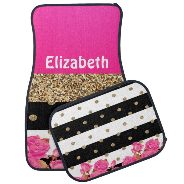 Elegant Black Stripes Glitter Polka Dots Pink Rose Car Floor Mat (Set)