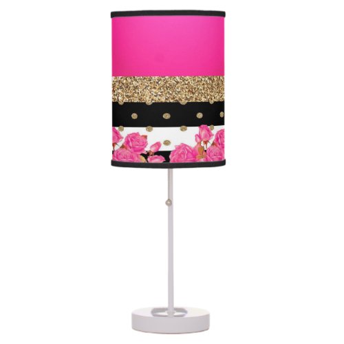 Elegant Black Stripes Glitter Polka Dots Pink Rose Table Lamp