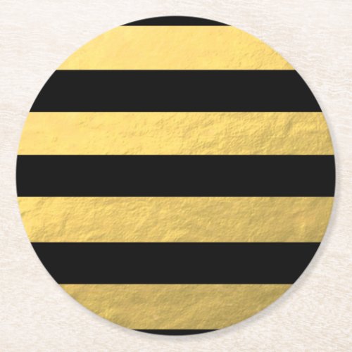 Elegant Black Stripes Gold Foil Printed Round Paper Coaster