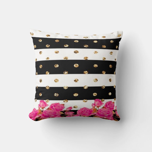 Elegant Black Stripes Gold Glitter Dots Pink Roses Throw Pillow (Front)