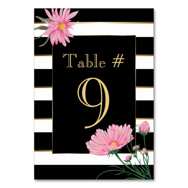Elegant Black Stripes Pink Daisies Table  Card (Back)