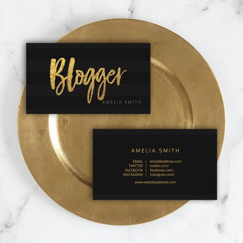 Elegant Black Stripes Script Blogger Social Media Business Card