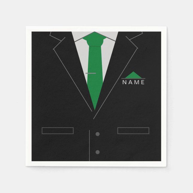 Elegant Black Suit & Green Necktie - Add Your Name Napkins (Front)