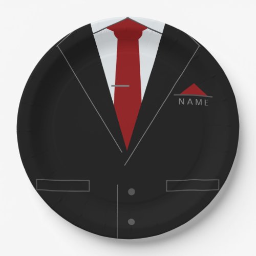 Elegant Black Suit  Red Necktie _ Add Your Name Paper Plates