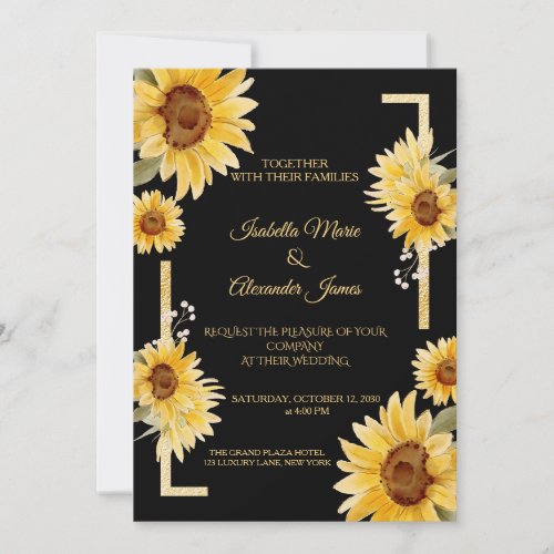Elegant Black Sunflower Gold Fall Wedding Invitation