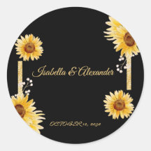 Elegant Black Sunflower Gold Wedding Favor Sticker