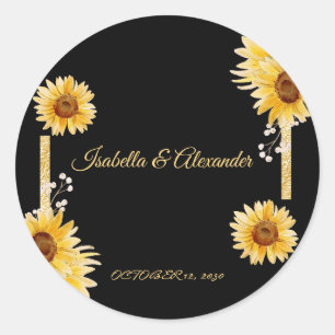 Elegant Black Sunflower Gold Wedding Favor Sticker