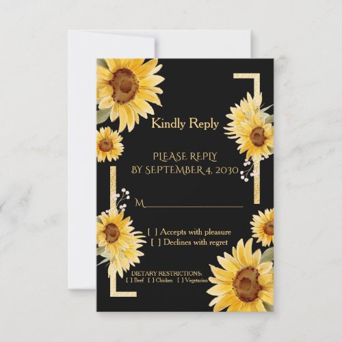 Elegant Black Sunflower Gold Wedding RSVP Card