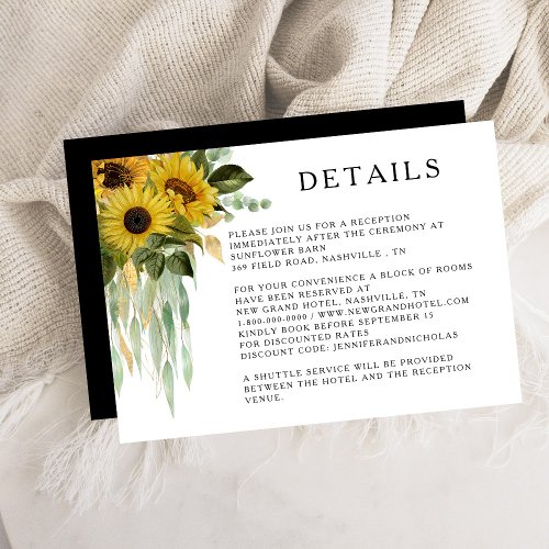 Elegant Black Sunflower Wedding Details Enclosure Card