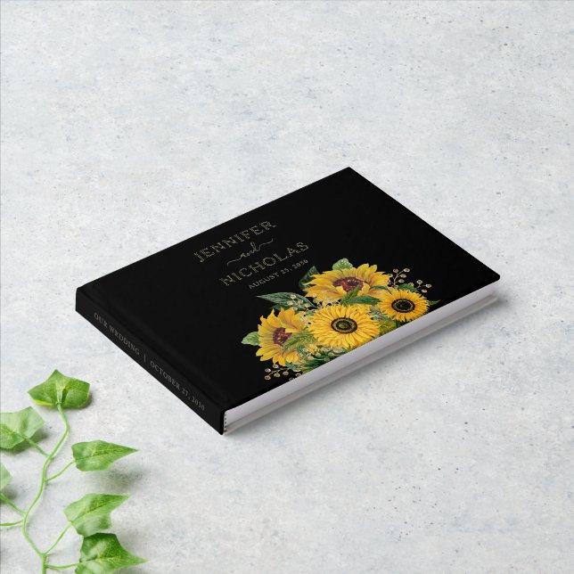 Elegant Black Sunflower Wedding Gold Foil Guest Book | Zazzle