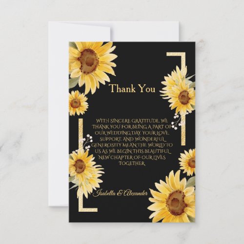 Elegant Black Sunflower Wedding Thank You Card
