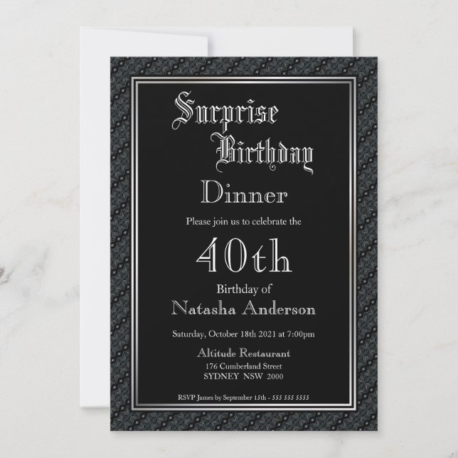 Elegant Black Surprise 40th Birthday Dinner Invitation (Front)