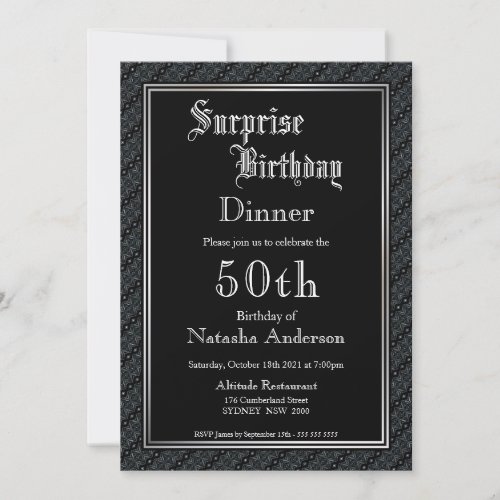Elegant Black Surprise 50th Birthday Dinner Invitation