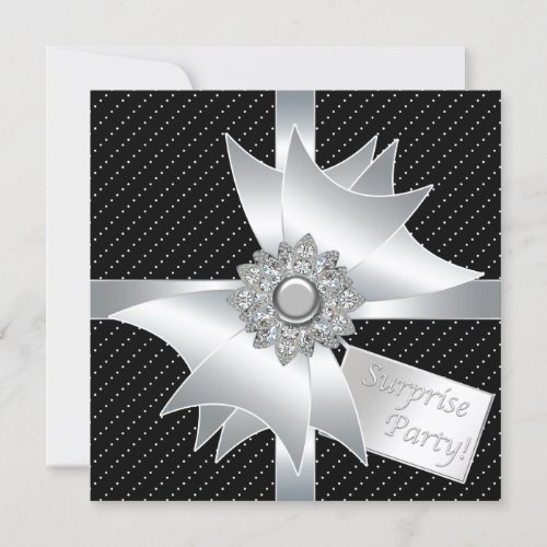 White Black Surprise Birthday Party Invite
