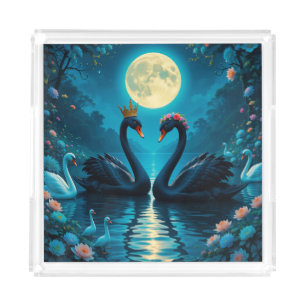 Elegant Black Swans Under Full Moon Acrylic Tray