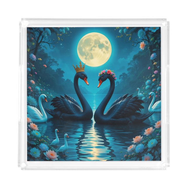 Elegant Black Swans Under Full Moon Acrylic Tray (Front)