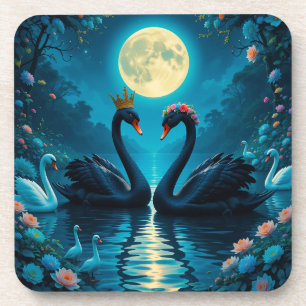 Elegant Black Swans Under Full Moon Beverage Coaster