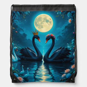 Elegant Black Swans Under Full Moon Drawstring Bag