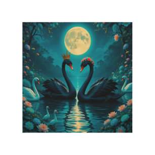 Elegant Black Swans Under Full Moon Wood Wall Art
