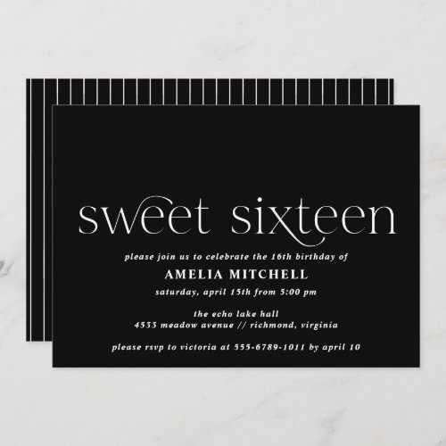 Elegant Black Sweet Sixteen  Simple 16th Birthday Invitation