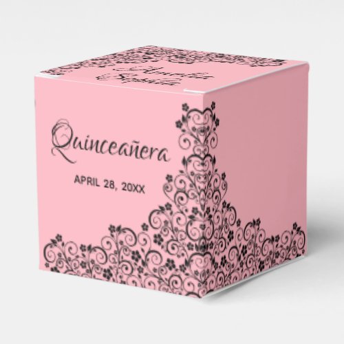 Elegant Black Swirl and Flower on Pink Quinceaera Favor Boxes