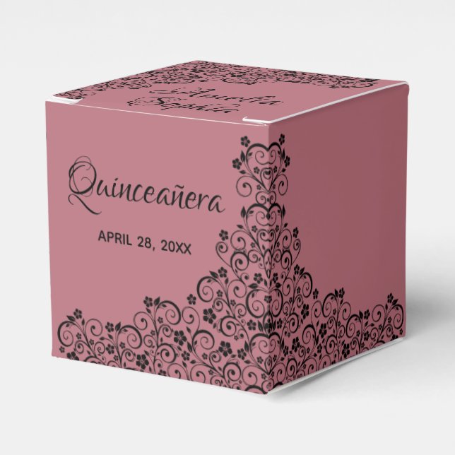 Elegant Black Swirl on Dusty Pink Quinceañera Favor Boxes (Front Side)