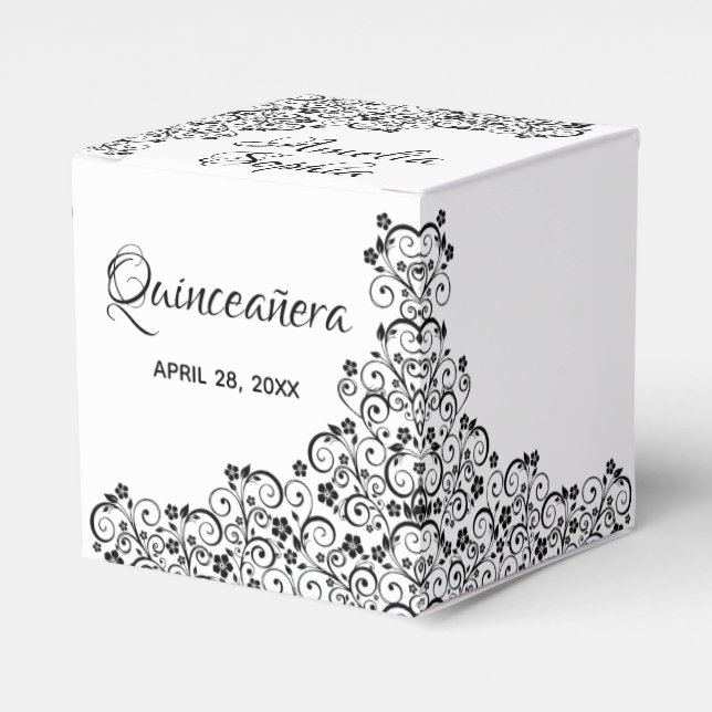 Elegant Black Swirls & Flowers Quinceañera Favor Boxes (Front Side)