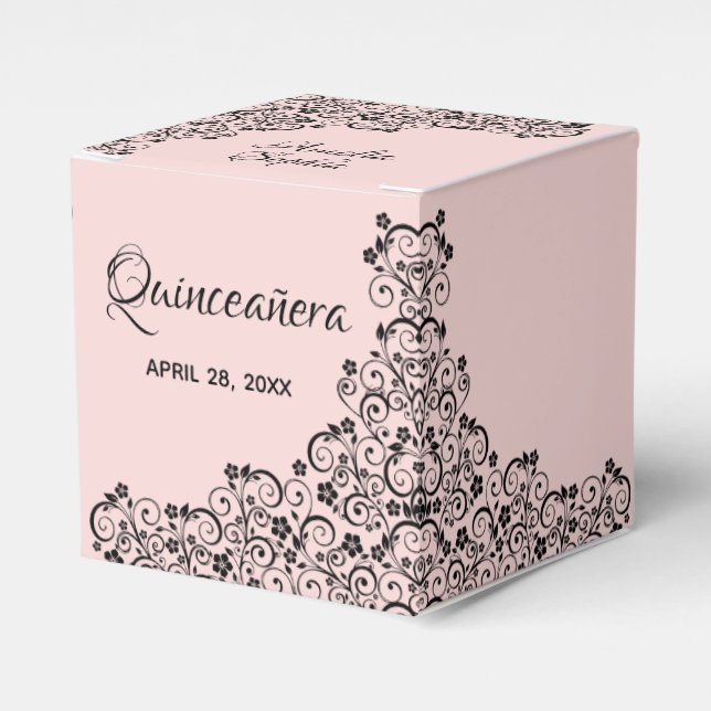 Elegant Black Swirls on Blush Pink Quinceañera Favor Boxes (Front Side)