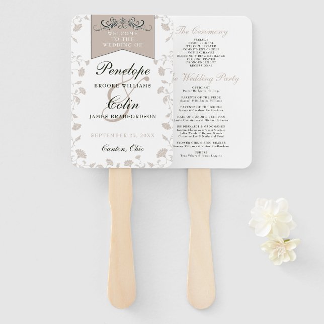 Elegant Black Tan Book Chapter Wedding Program Hand Fan (Front and Back)