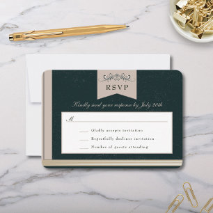 Elegant Black Tan Book Cover Wedding RSVP Card
