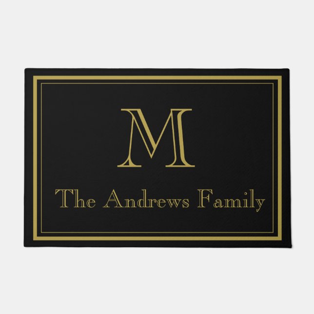 Elegant Black Tan Custom Monogram Initial Doormat (Front)