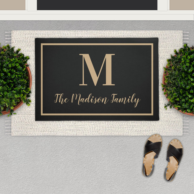 Elegant Black Tan Custom Monogram Initial Doormat