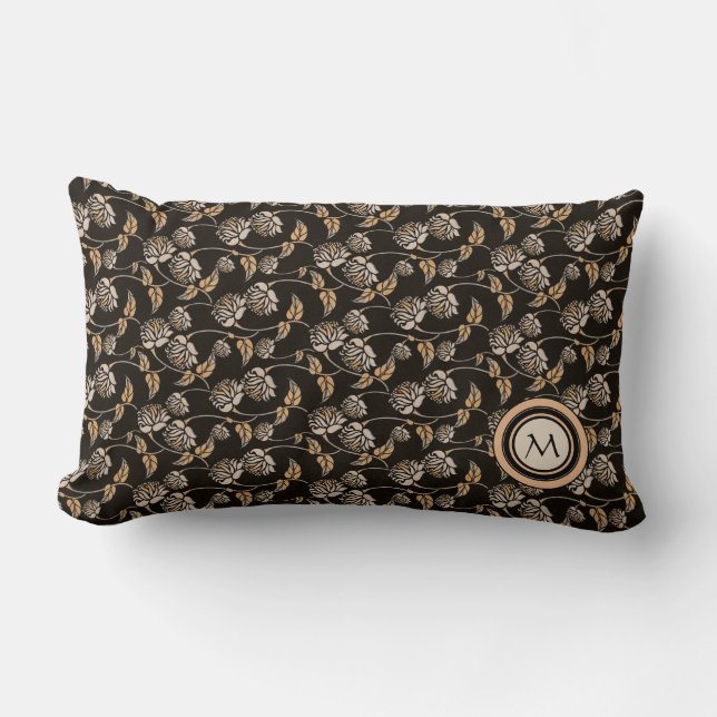 Elegant Black & Tan Floral Pattern Monogram Lumbar Pillow (Front)