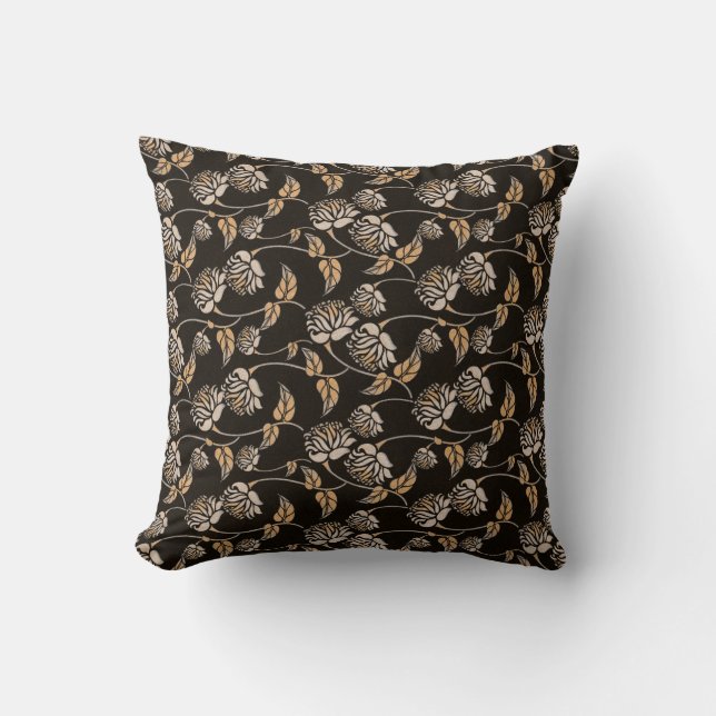 Elegant Black Tan Floral Throw Pillow (Front)
